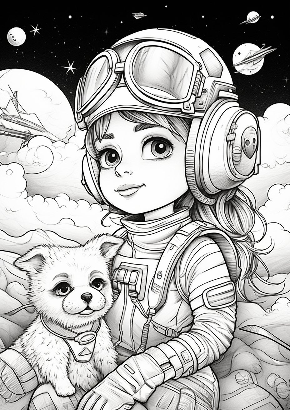 30 Cute Girls & Dogs on The Moon Coloring Sheets - My Coloring Zone