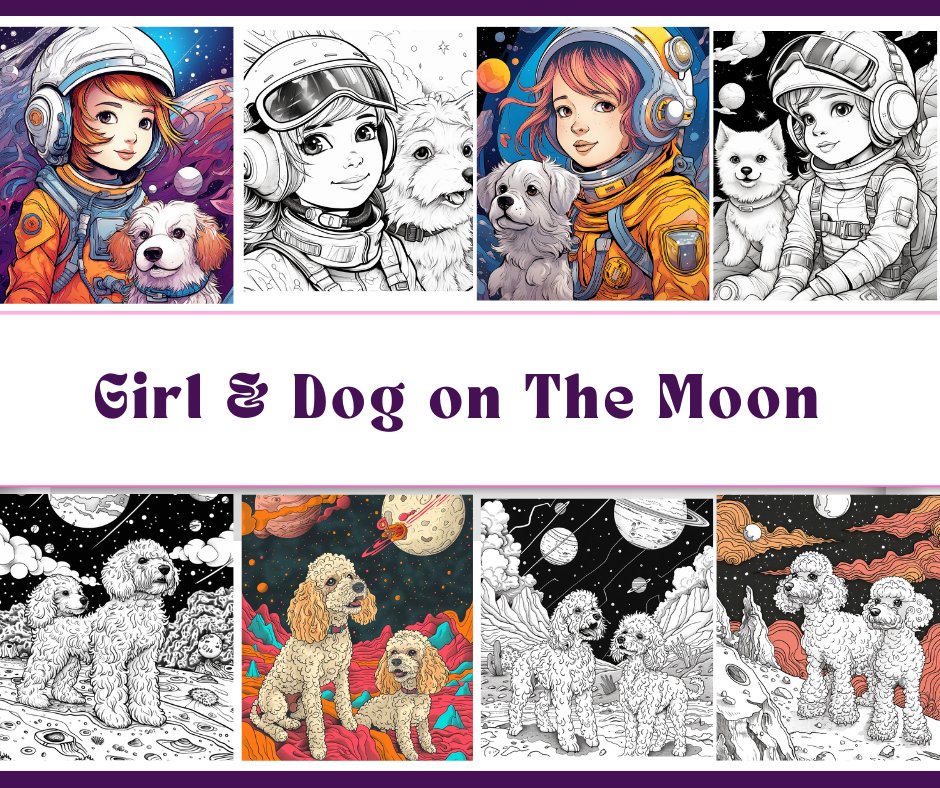 30 Cute Girls & Dogs on The Moon Coloring Sheets - My Coloring Zone