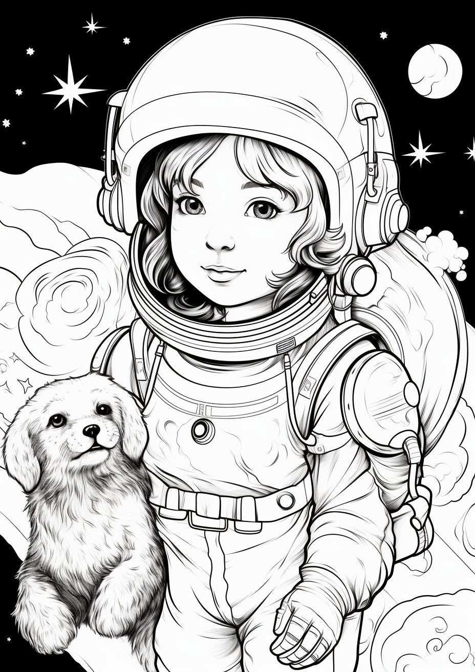 30 Cute Girls & Dogs on The Moon Coloring Sheets - My Coloring Zone