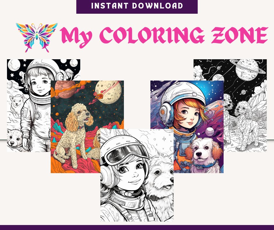 30 Cute Girls & Dogs on The Moon Coloring Sheets - My Coloring Zone