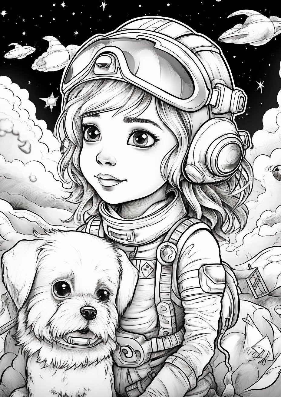 30 Cute Girls & Dogs on The Moon Coloring Sheets - My Coloring Zone