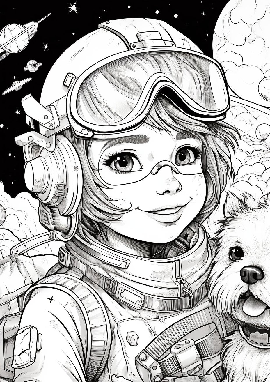 30 Cute Girls & Dogs on The Moon Coloring Sheets - My Coloring Zone