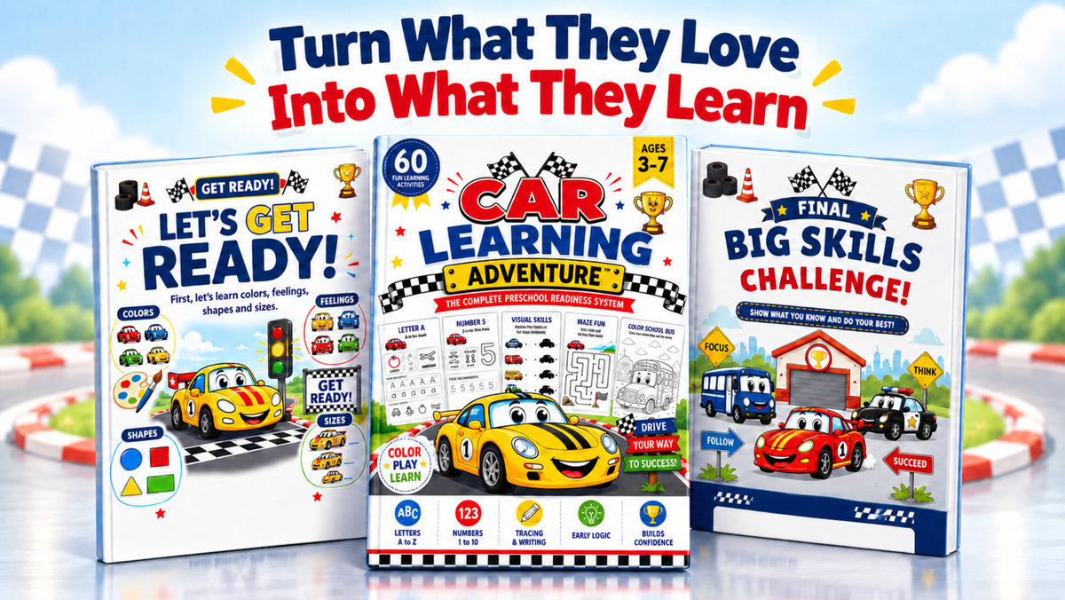 Car Learning Adventure screen-free printable preschool activity bundle featuring Get Ready, Car Learning Adventure and Big Skills Challenge books for ages 3–7.